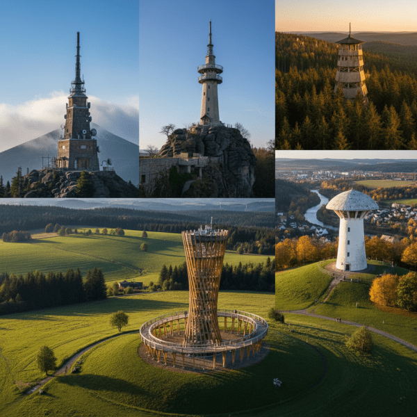 Dřevěná rozhledna se vyjímá na kopci s panoramatickým výhledem na českou krajinu během slunného dne.