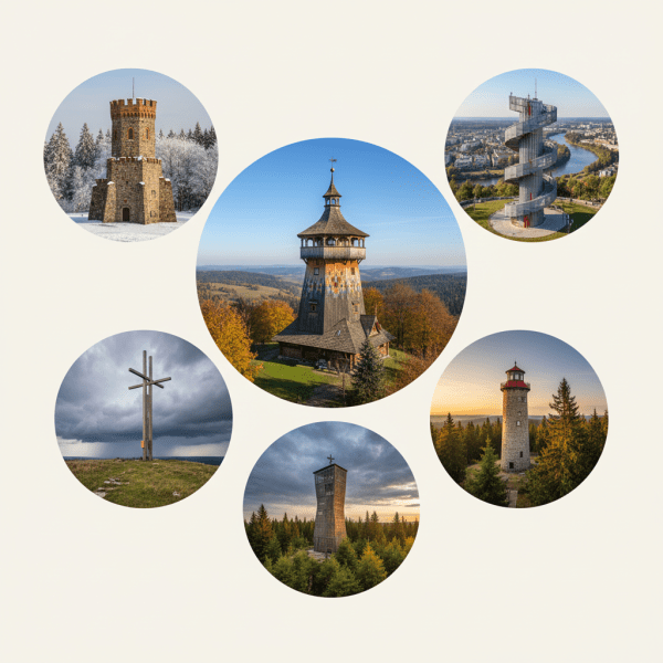 Moderní dřevěná rozhledna s panoramatickým výhledem na malebnou českou krajinu.