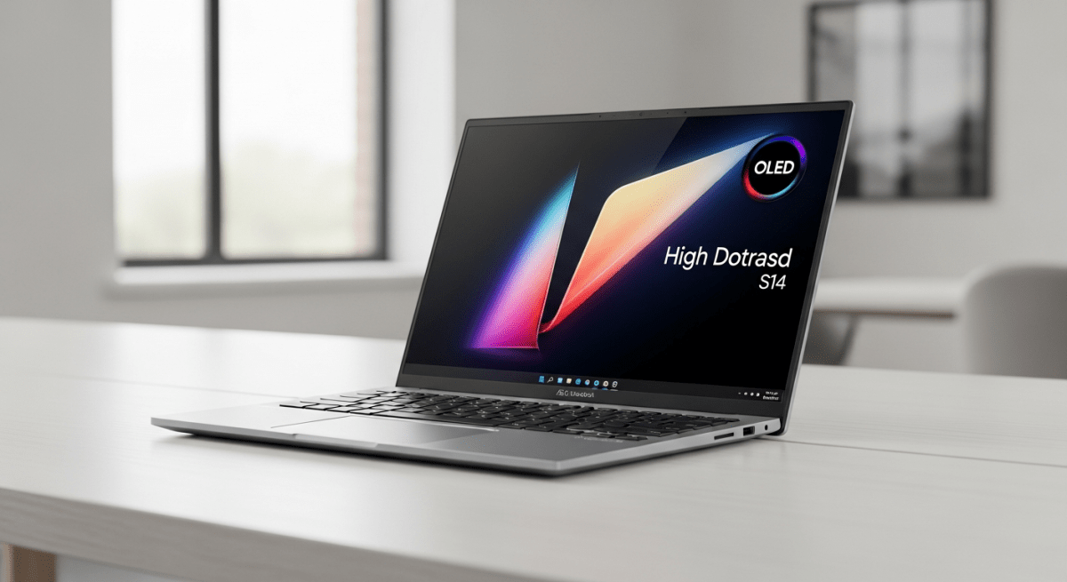 ASUS Vivobook S14 laptop with OLED screen and 32GB RAM.