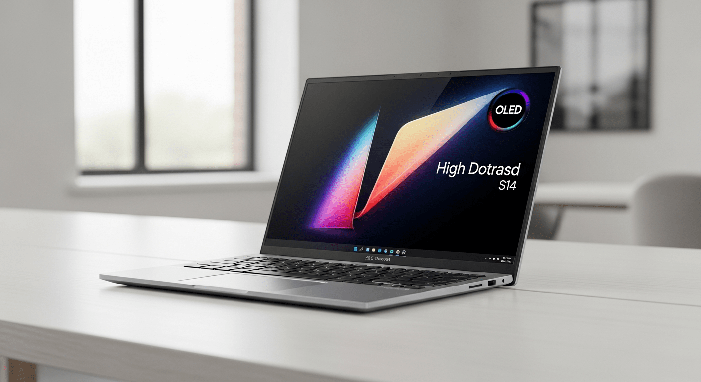 ASUS Vivobook S14 laptop with OLED screen and 32GB RAM.