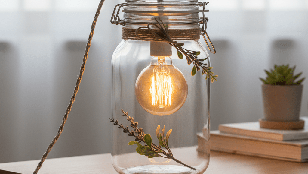 DIY lampa ze zavařovací sklenice, moderní dekorace do bytu.