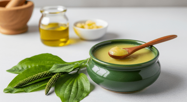 Zázrak z přírody: Jak si doma vyrobit léčivou jitrocelovou mast na rány i štípance Homemade salve of plantain in a jar.