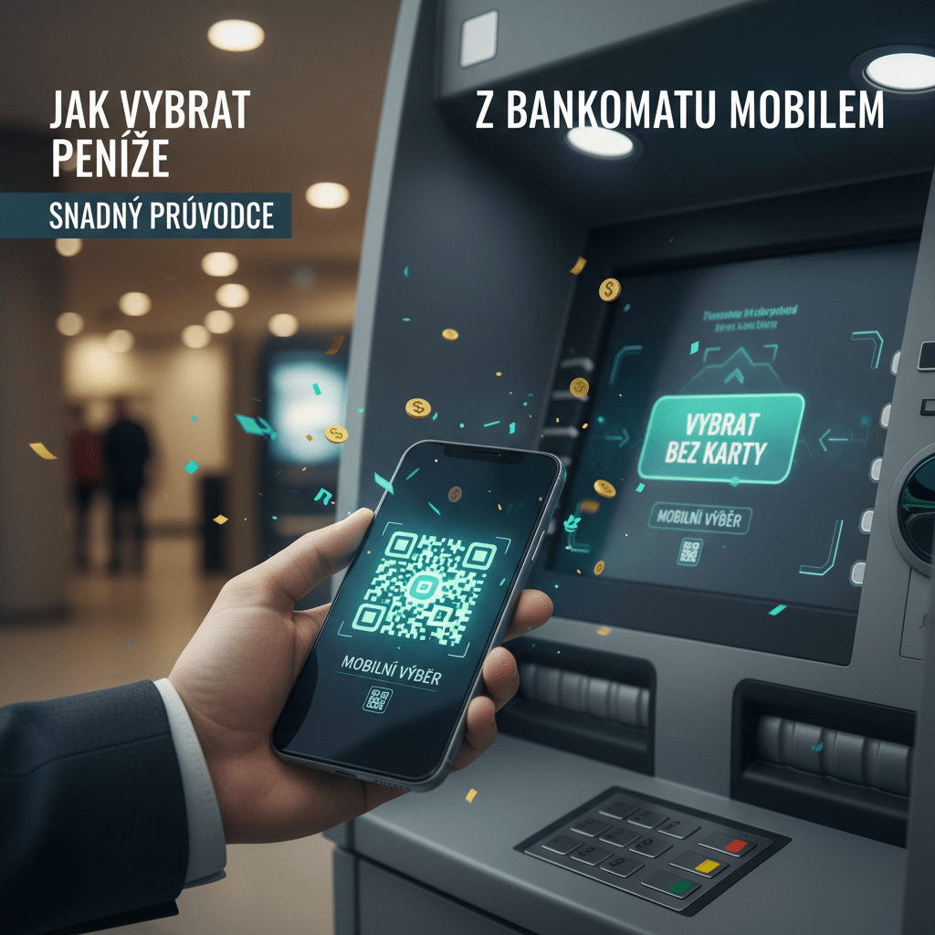 Muž v obchodě používá chytrý telefon u bankomatu pro výběr hotovosti.