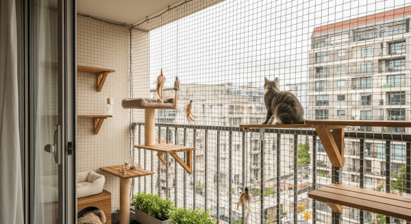 Jak zasíťovat balkon pro kočku: Bezpečné hřiště svépomocí Kočka na zasíťovaném balkoně, bezpečné hřiště svépomocí.