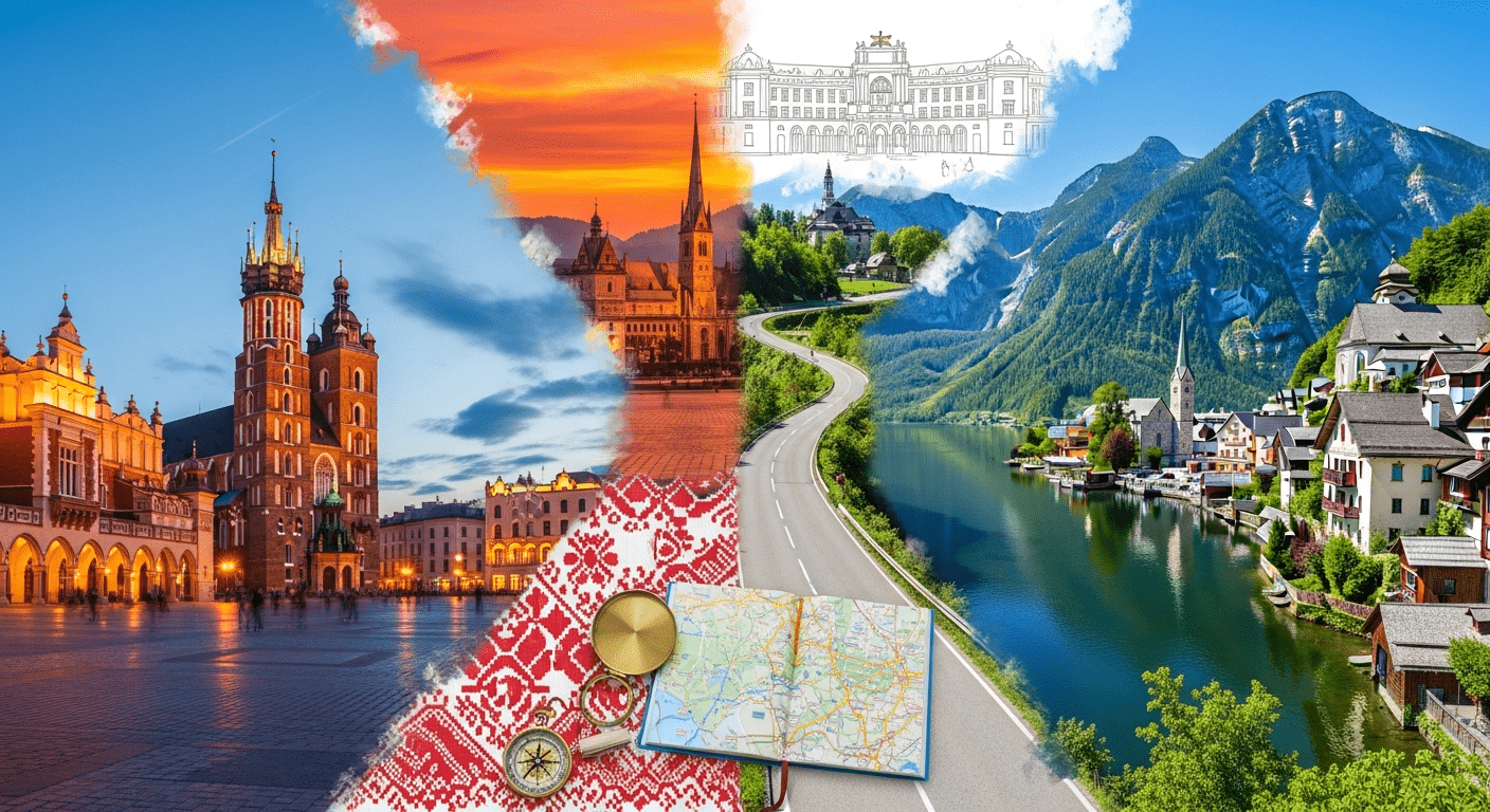 Map showing day trip destinations in Poland and Austria.