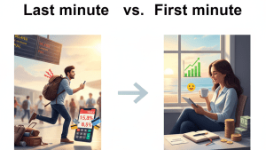 Grafika srovnávající výhody nabídek Last minute a First minute pro plánování dovolené a úsporu financí.