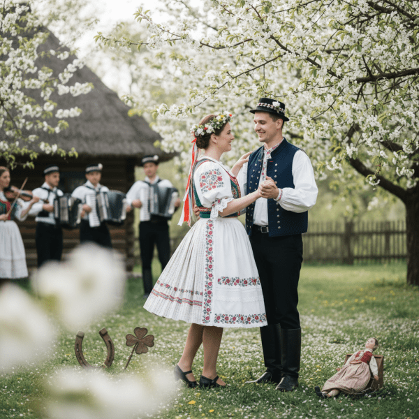 Romantická svatební dekorace v jarní přírodě symbolizující lidové pověry o svatbách v máji.