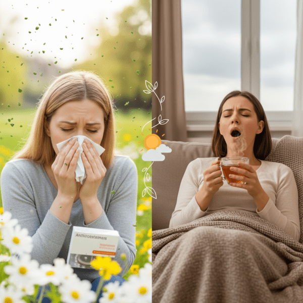 Žena venku v přírodě si tře oči, což naznačuje příznaky jarní alergie nebo únavy.