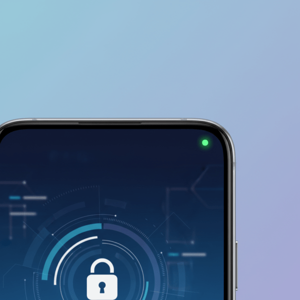 Detailní záběr na displej mobilního telefonu s rozsvícenou zelenou tečkou v horním rohu obrazovky.